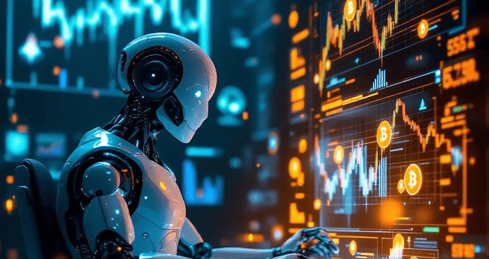 AI robot with crypto charts in the background