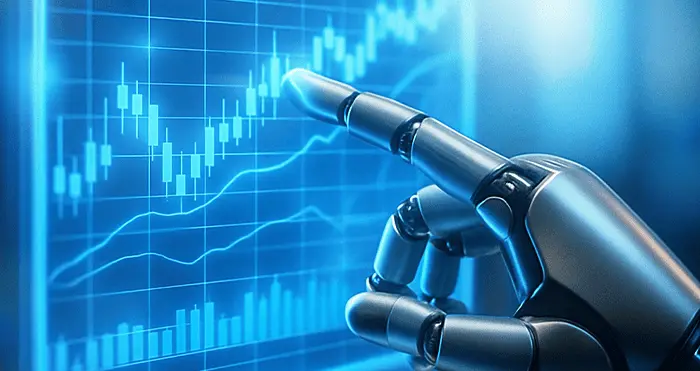 Robotic hand pointing at stock market candlesticks